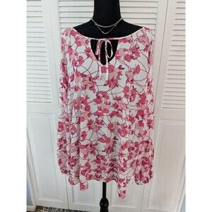 a.n.a Blouse Women's Sz 2X  Long Sleeve Boho Chic Floral Pink Oversize Cottage